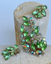 Vintage Judy Lee Style Green Layered Rhinestone AB Brooch Earrings Set E... - £74.72 GBP