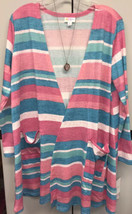 NWT LuLaRoe Medium Pink Blue Green White Striped Caroline Cardigan Sweater - £26.16 GBP