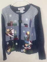 Tiara International Blue Christmas Sweater Sz L Zip Cardigan Embellished Santa - £10.98 GBP
