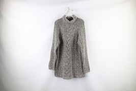Vintage 90s Womens Large Wool Blend Chunky Cable Knit Turtleneck Tunic Sweater - £54.29 GBP