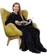 Large Black Unisex Wearable Blanket Features Sleeves Pocket &amp;Feet Pocket... - £28.67 GBP