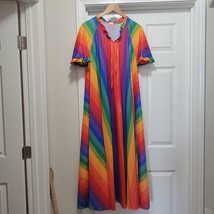 Vintage 1970s Granada Vibrant Rainbow Striped Maxi Kaftan Dress Moo Moo One Size - £117.18 GBP