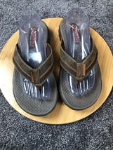 SKECHERS Men&#39;s Relaxed Fit Memory Foam Flip Flops Size 9 Brown Leather Sandals - £15.62 GBP