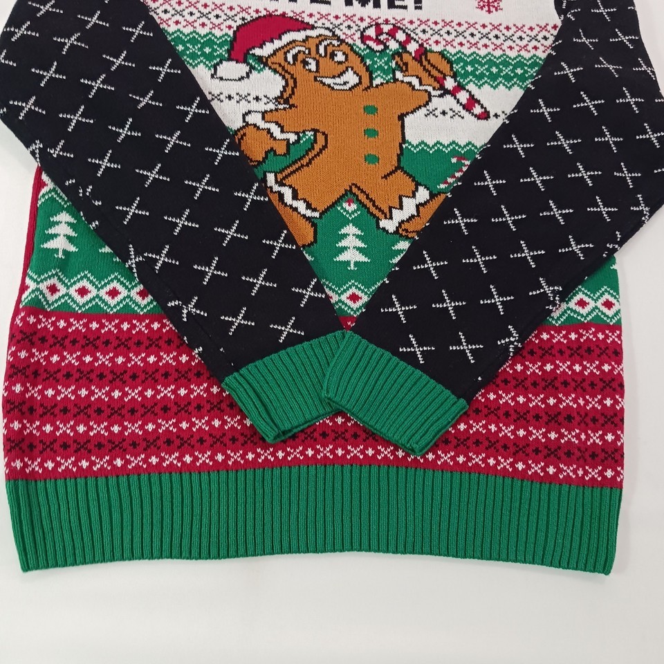 Ugly Christmas Sweater Men's Size Large Bite Me Gingerbread Man Red Pullover Item image 13