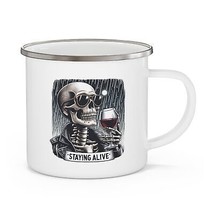 halloween skeleton biker wine lover Enamel Camping Mug funny gift  - $25.00