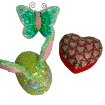 Keepsake Boxes Sequin Beaded Fabric Lined Set of 3 Bunny Butterfly Heart - £16.59 GBP