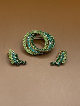 Green Rhinestone Circle Brooch and Curved Sway Clip Ons - $39.60