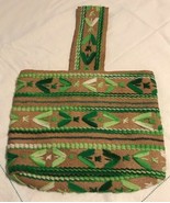VINTAGE HANDMADE EMBROIDERED BURLAP PURSE TOTE HANDBAG LIME KELLY GREEN - $27.43