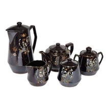 Japanese Redware Moriage Pottery Brown Betty Hand Painted 5pc Tea Set Vintage - £47.59 GBP