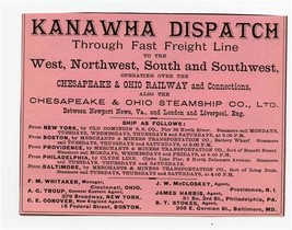 Original 1890&#39;s Kanawha Dispatch Railroad Ad Through Fast Freight Line  - $21.75