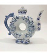 Asian Blue &amp; White Donut Shape Porcelain Teapot Floral with Dragon Handle - €14,82 EUR