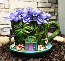 Fairy Garden Leaf Foliage Teacup House With Purple Door Floral Planter Vase - $24.99