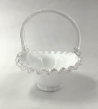 Vintage Fenton Ruffle White Milk Silvercrest Small Basket With Clear Glass - £23.73 GBP
