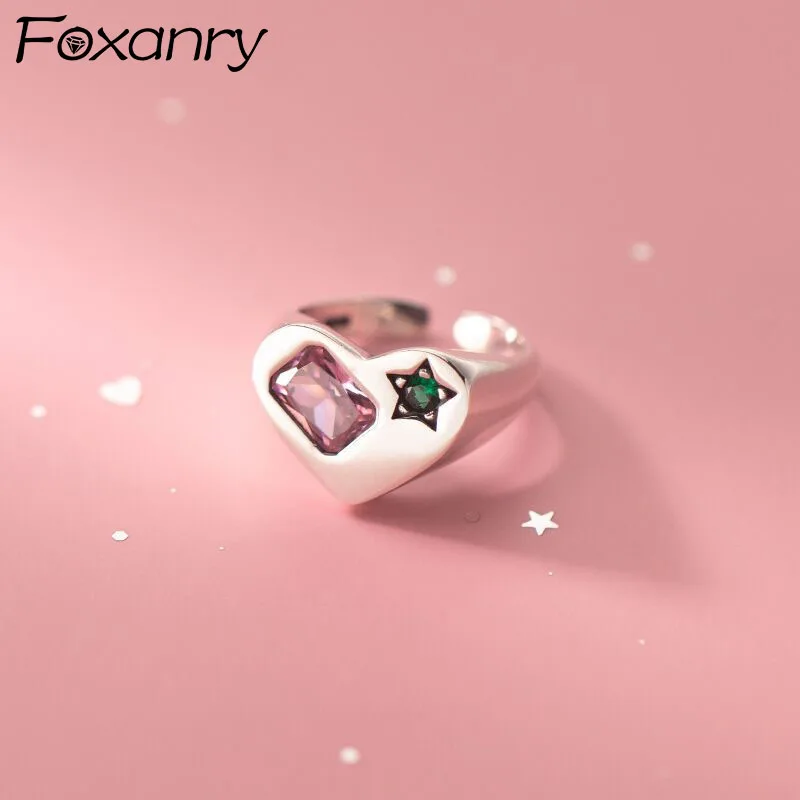 Silver Color LOVE Heart Rings for Women New Trendy Elegant Simple Sparkling Pink - £11.61 GBP