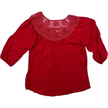 CATO Womens Large Red Crochet Neckline Pullover 3/4 sleeve Blouse - £7.73 GBP