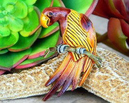 Vintage Parrot Bird Macaw On Branch Brooch Pin Figural Enamel Metal - £21.54 GBP