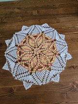 Pineapple Doily hand crochet white with yellow orange and peach 17&quot; - £14.70 GBP