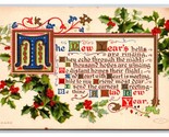 Glad New Years Bells Holly Berries Calligraphy DB Postcard A16 - $4.90