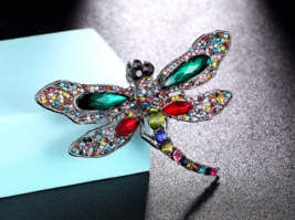 Dragonfly brooch silver plated multicolour stones broach vintage look pin ggg47 - £24.97 GBP
