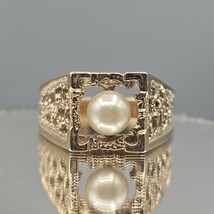 Vtg Imitation Pearl Open Work Signet Ring Sz 10 Gold Tone Unisex Maximalist - €21,70 EUR