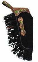 Black Suede Leather Western Horse Saddle Chinks Chaps Sunflower + Cactus... - £77.70 GBP