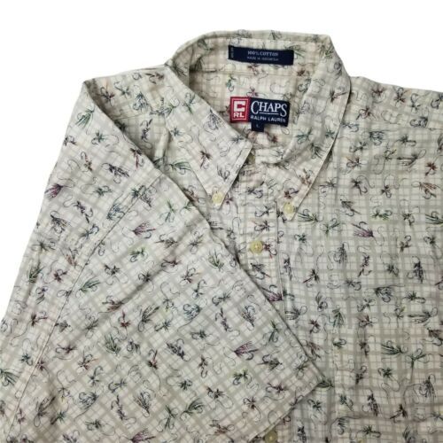 Vintage Chaps Ralph Lauren Button Up Short Sleeve Shirt Mens L  Fishing Theme - £11.35 GBP