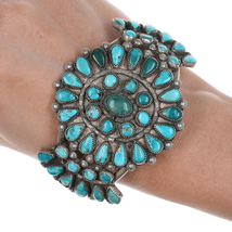 6.75&quot; c1940&#39;s Zuni Cluster turquoise and silver cuff bracelet - $994.95