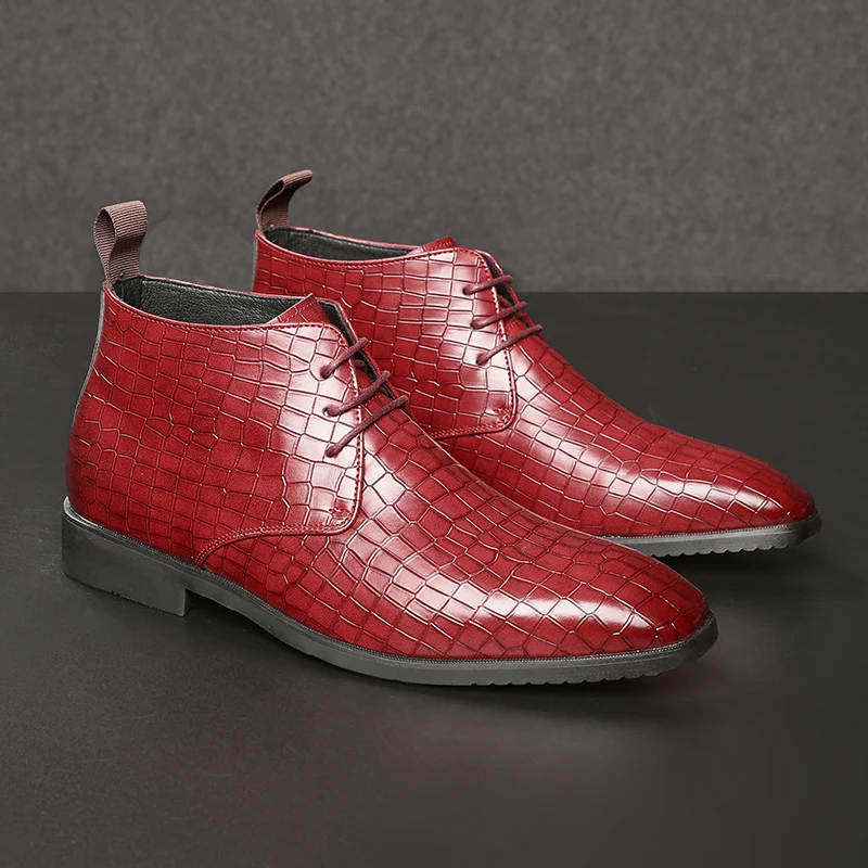 pointed toe plaid leather shoes men&#39;s red large size 38-48 high-top men&#39;... - $96.59
