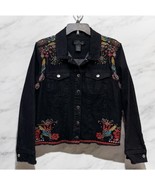 Brandon Thomas Black Embroidered Flowers Denim Jacket Woman&#39;s Size XL - $32.73