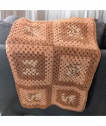 Vtg 60s 70s Afgan Blanket Throw Granny Square Hand Crochet 50 X 72 Brown... - $29.69