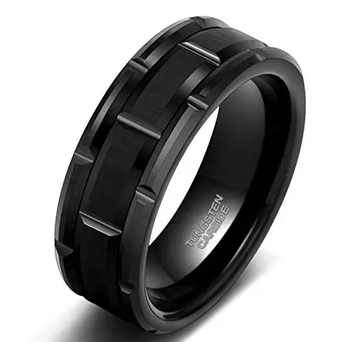 Mens Tungsten Ring Tire Wedding Band Silver/Black Brick Pattern Brushed Engageme - £39.66 GBP