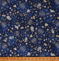 Cotton Hanukkah Candlestick Stars of Lights Blue Fabric Print by Yard D503.58 - £11.15 GBP
