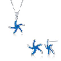 Sterling Silver Blue Inlay Opal Necklace and Earrings Set - Starfish - £56.45 GBP