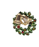 Vintage Enamel Christmas Wreath with Bell Pin Brooch Holly Berries Jewelry - $34.65