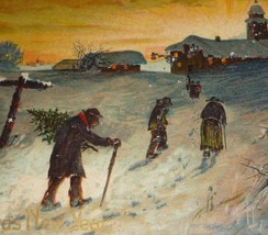 People Walking on a Snowy Road, One Has a Tree Antique New Year Postcard - £5.11 GBP