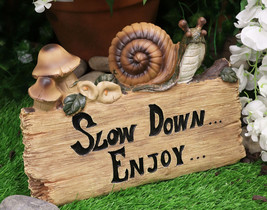 Ebros Helix Shell Snail By Mushrooms On Trunk Log With Slow Down Enjoy Sign - £25.51 GBP