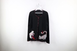 Vintage 90s Womens XL Wool Blend Knit Cat Kitten Button Cardigan Sweater Black - £55.35 GBP