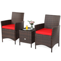 3Pcs Patio Rattan Furniture Set Cushioned Sofa Glass Tabletop Deck Red - £160.82 GBP