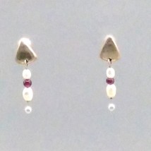 Vintage C FF Sterling Silver Drop Earrings with Rice Pearls and Garnet Beads - £30.36 GBP