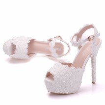 White Lace Flower Wedding Shoes Slip On Bridal Sandals High Heel Women Pumps Sha - £58.45 GBP