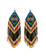 Beaded Aztec Pattern Tassel Drop Earrings Black Blue Red Handmade - $15.14