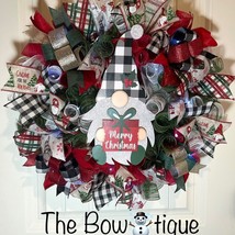 Handmade Merry Christmas Gnome Holiday Ribbon Door Wreath 22 ins W30 - £51.06 GBP