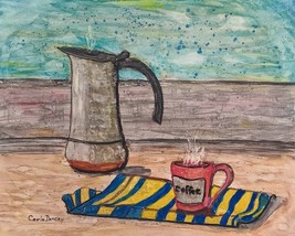 Original Watercolor Painting -  8&quot; x 10&quot; - Coffee Pot &amp; Mug  With Tea Towel - $332.90 MXN