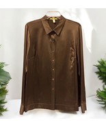 Sigrid Olsen Women’s L Brown Sateen Silk Stretch Satin Button-Up Shirt - $40.60 CAD