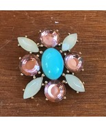 Estate Pink &amp; Cream Rhinestones w Center Oval Turquoise Cab Pin Brooch –... - £13.92 GBP