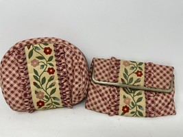 Vintage 2pc Floral Checkered Travel Makeup Bags With Liner &amp; Built In Mirror - $35.99