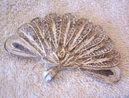 Vintage Peacock-like Pin, 900 Silver Filigree Jewelry from Bali Indonesia 1950&#39;s - £75.47 GBP