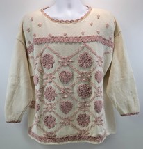 Vintage Women Off White Pink Floral Heart Pullover Knit Sweater Medium - $368.88 MXN