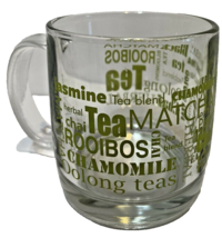 Clear Glass and Green Writing Multiple Tea Flavors Sayings Tea Coffee Cu... - $14.83