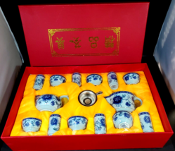 Chinese &quot;Top Quality&quot; Ceramic Teapot Set of 15 Blue Landscape with Fancy Box NEW - £39.55 GBP